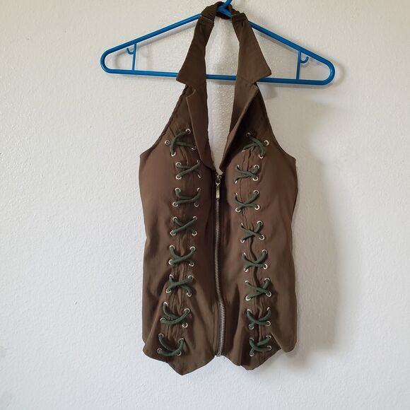 Oh Yes Halter Top Womens S Olive Green Laced Zip Built in Bra Fairy Cottagecore - Picture 1 of 15